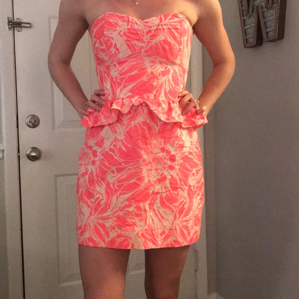 Britt Ryan Pink Floral Strapless Peplum Mini Dress